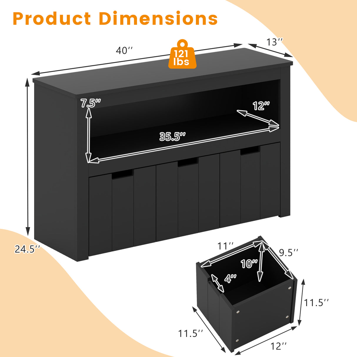 Kid Toy Storage Cabinet Drawer Chest with Wheels and Large Storage Cube Shelf-Black
