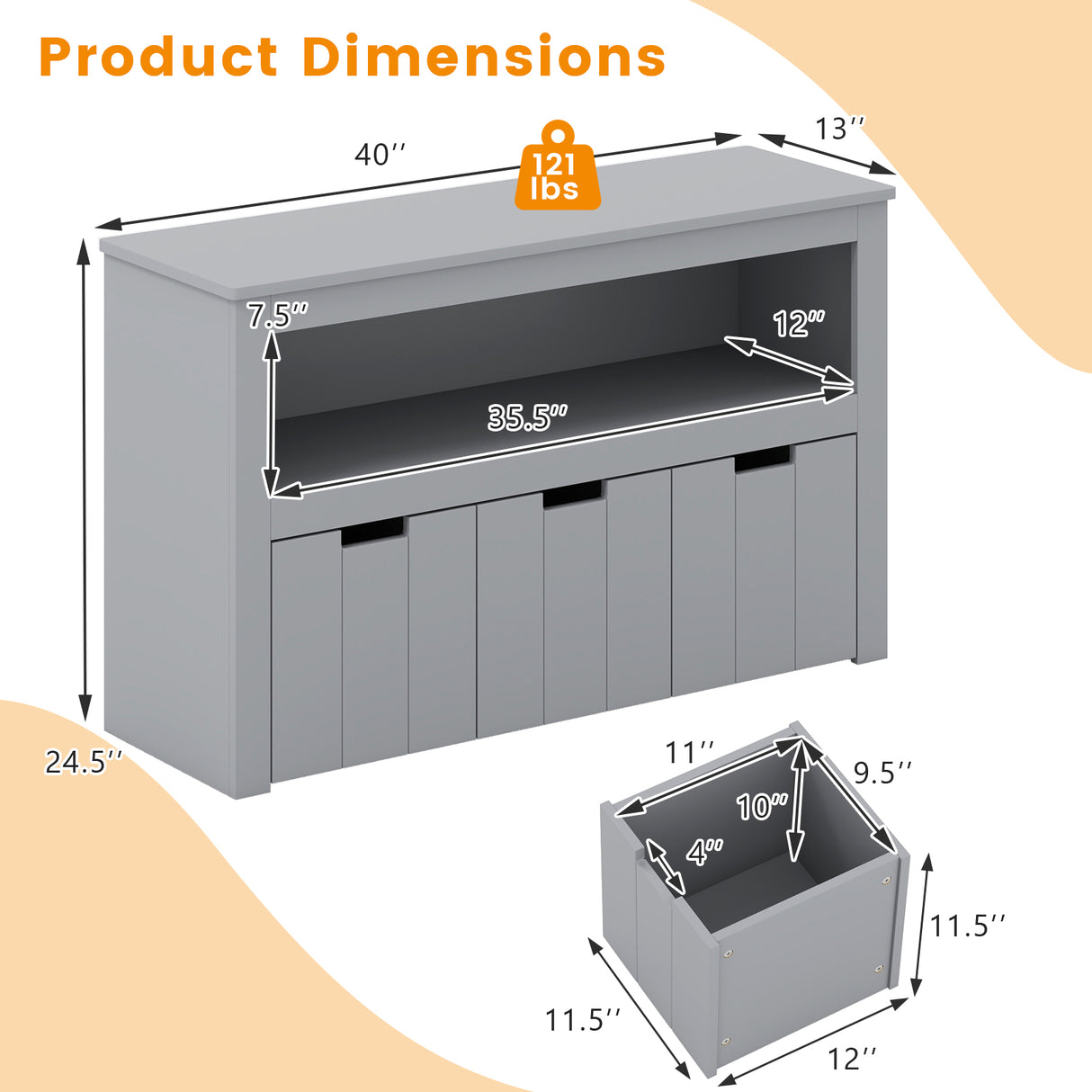Kid Toy Storage Cabinet Drawer Chest with Wheels and Large Storage Cube Shelf-Gray