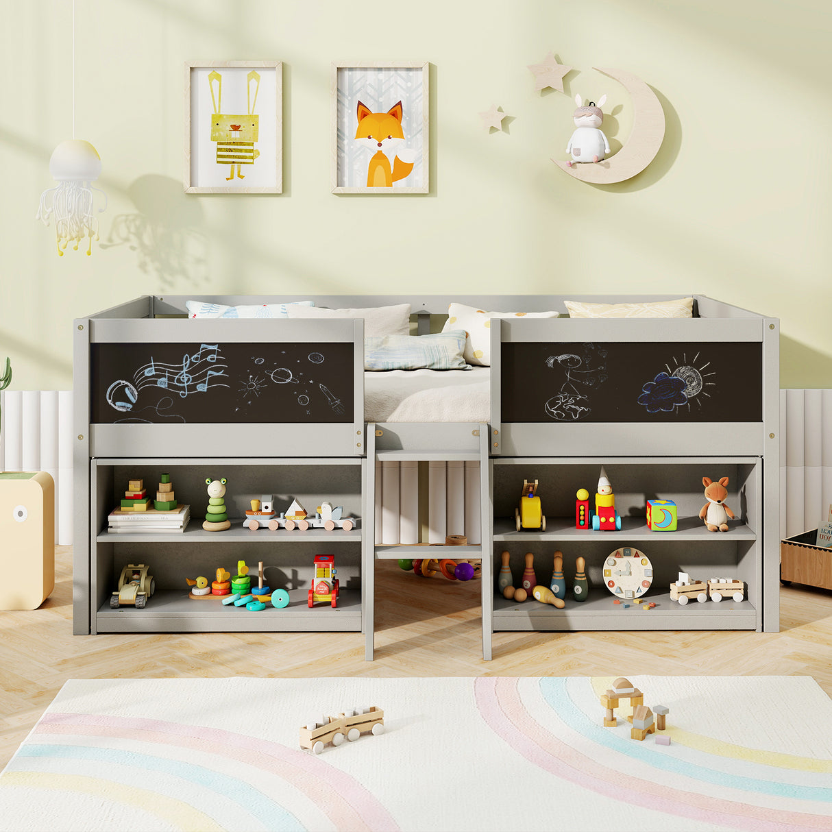 Kid Twin Size Low Loft Bed with Chalkboard Ramp Ladder and Bookcases-Gray