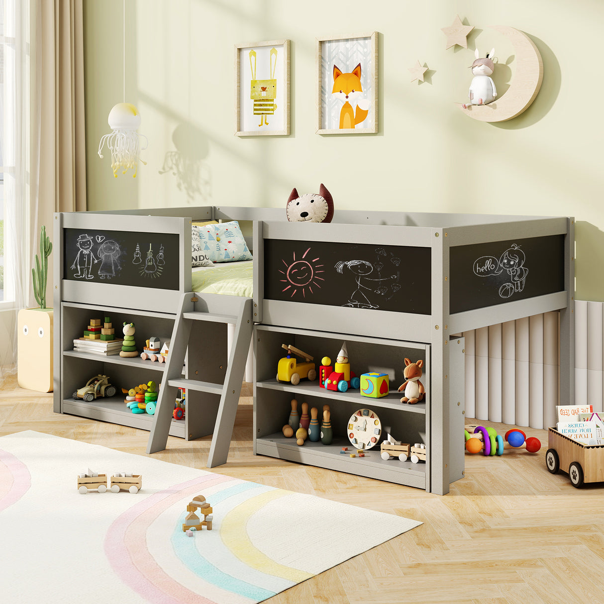 Kid Twin Size Low Loft Bed with Chalkboard Ramp Ladder and Bookcases-Gray