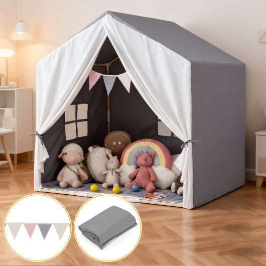 Kid's Play Tent with Washable Cotton Mat and Flag Banner-Gray