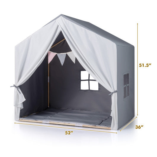 Kid's Play Tent with Washable Cotton Mat and Flag Banner-Gray