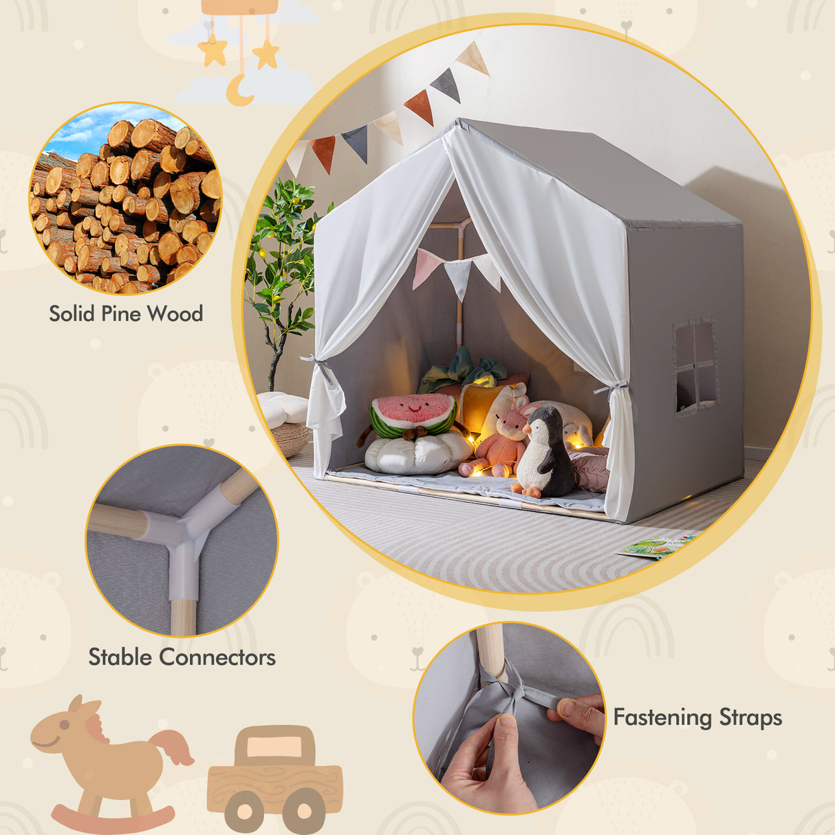 Kid's Play Tent with Washable Cotton Mat and Flag Banner-Gray