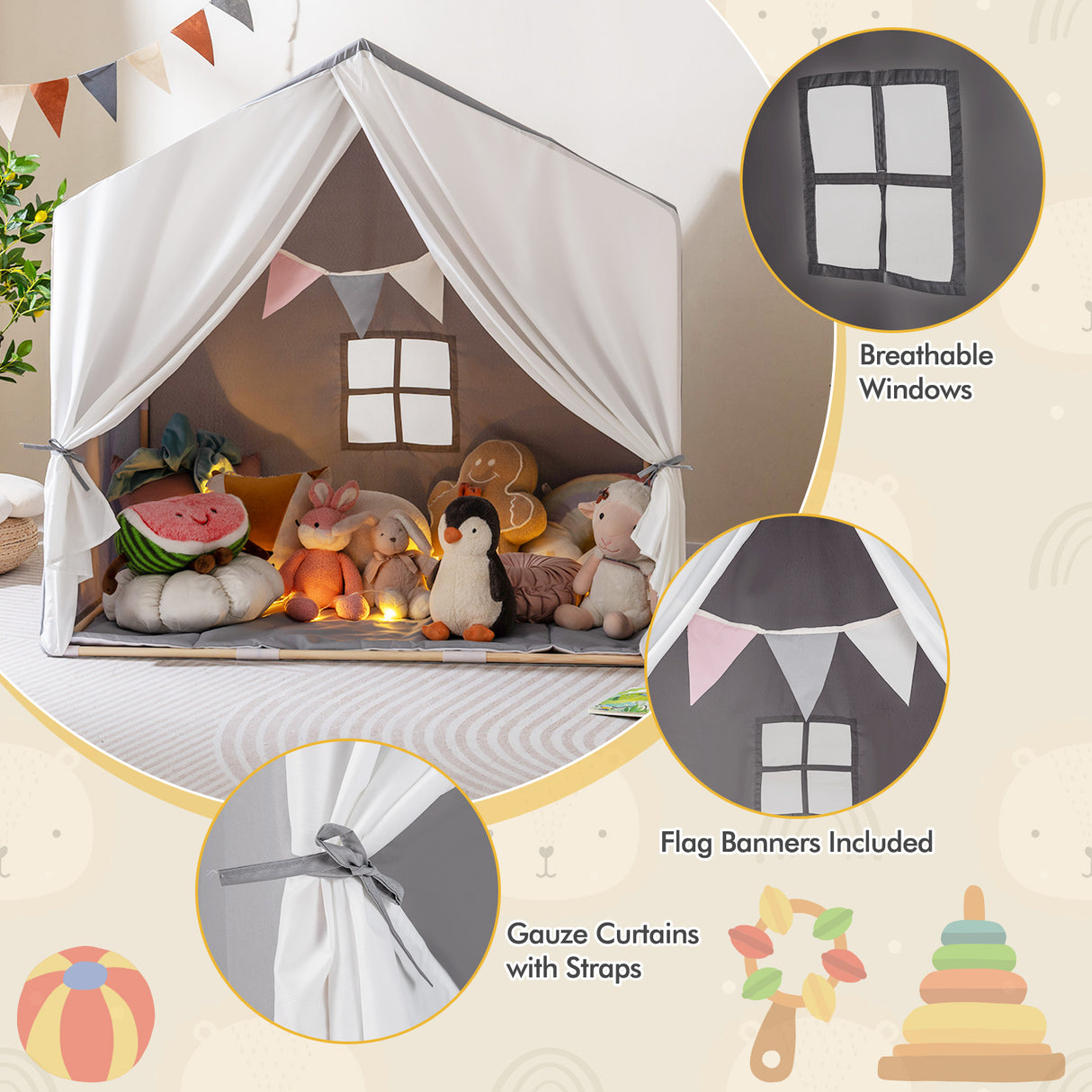 Kid's Play Tent with Washable Cotton Mat and Flag Banner-Gray