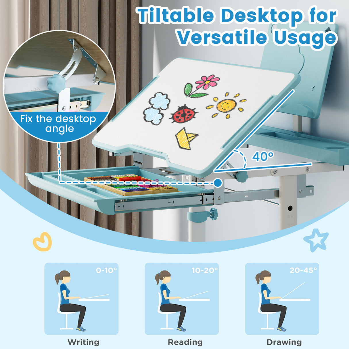 Kid's Study Desk and Chair Set with Tilt Desktop and Book Stand-Blue