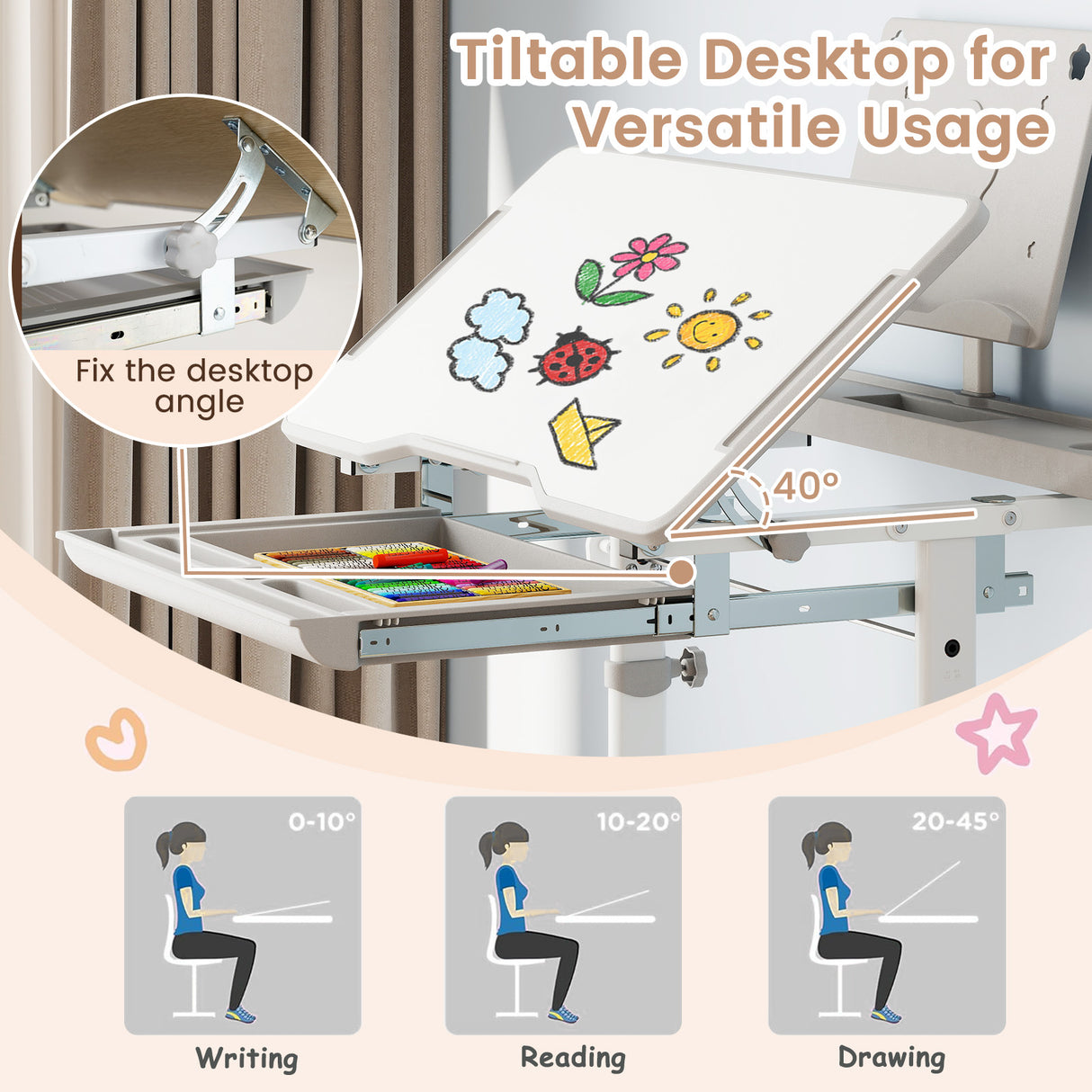 Kid's Study Desk and Chair Set with Tilt Desktop and Book Stand-Gray