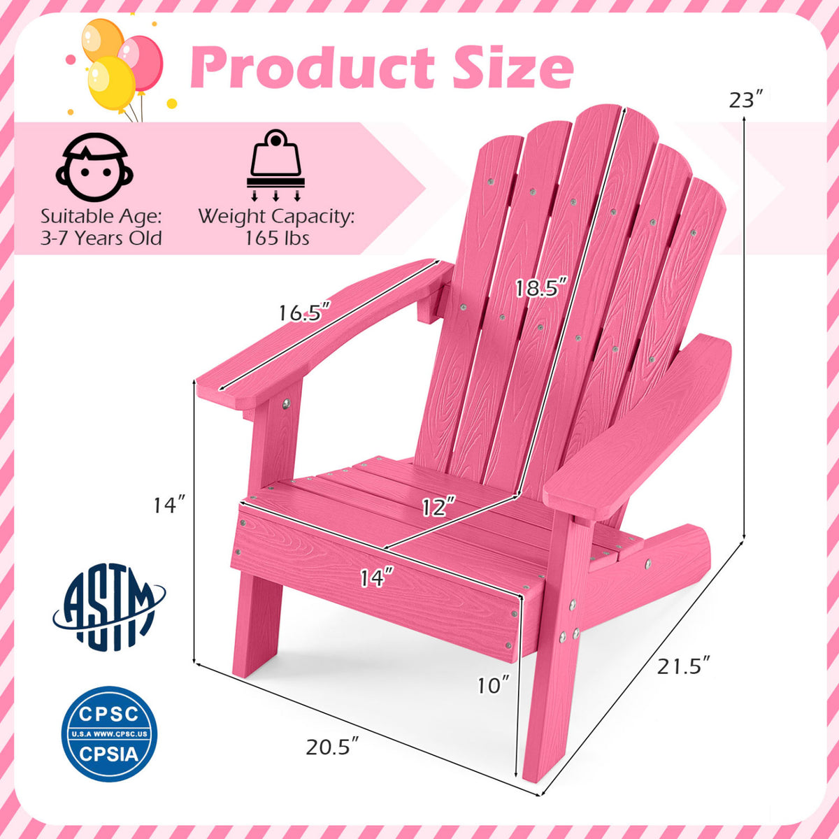 Kids Adirondack Chair All-weather Outdoor Chair for Children with Tilted High Backrest-Pink