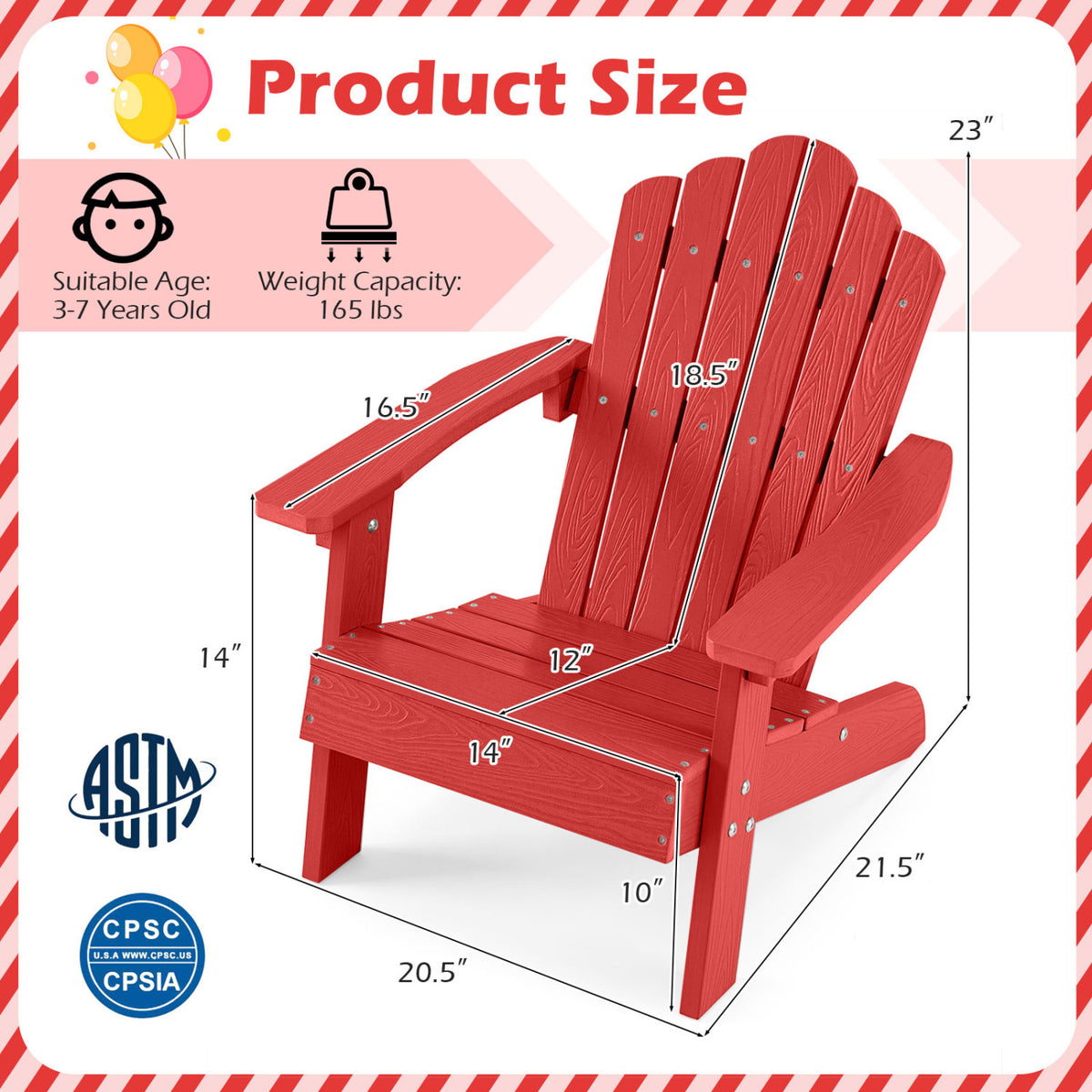 Kids Adirondack Chair All-weather Outdoor Chair for Children with Tilted High Backrest-Red