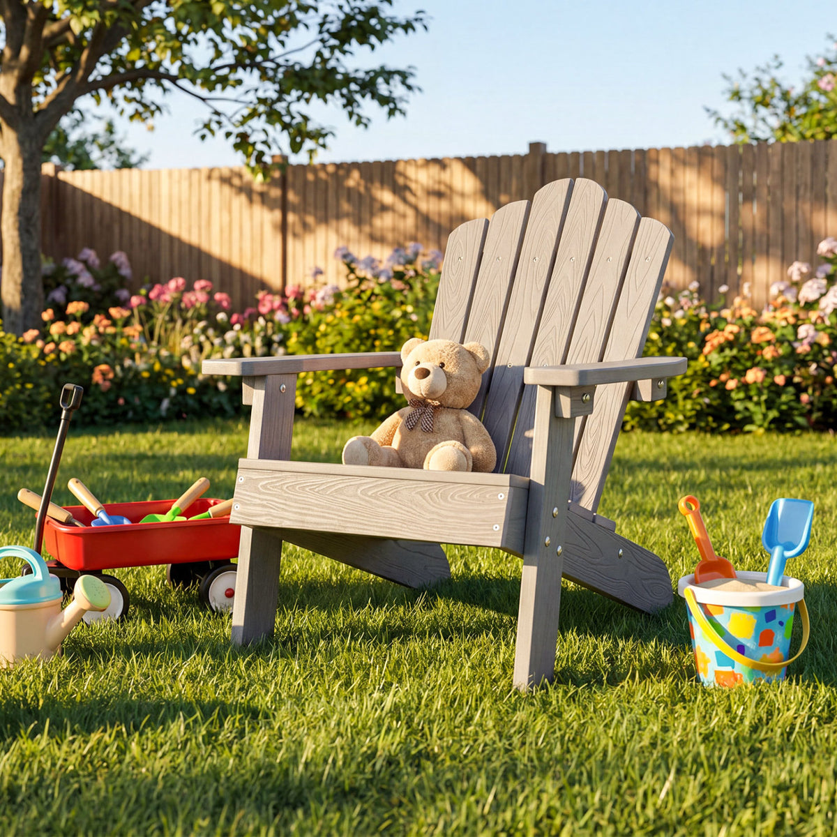 Kids Adirondack Chair All-weather Outdoor Chair for Children with Tilted High Backrest-Grey