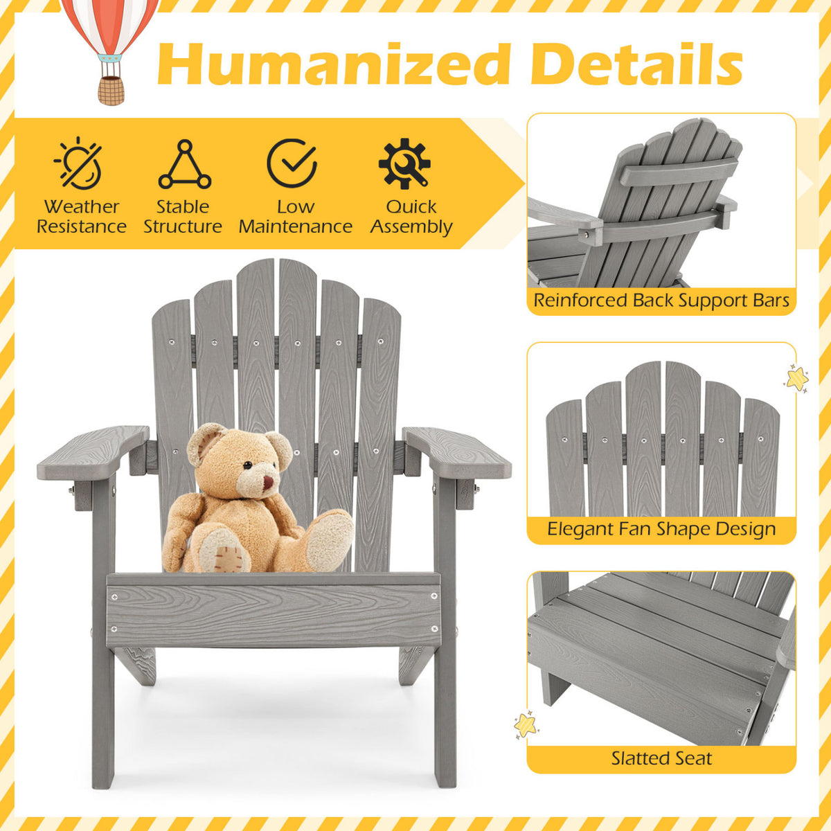 Kids Adirondack Chair All-weather Outdoor Chair for Children with Tilted High Backrest-Grey