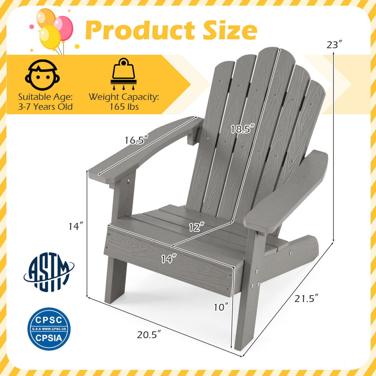 Kids Adirondack Chair All-weather Outdoor Chair for Children with Tilted High Backrest-Grey