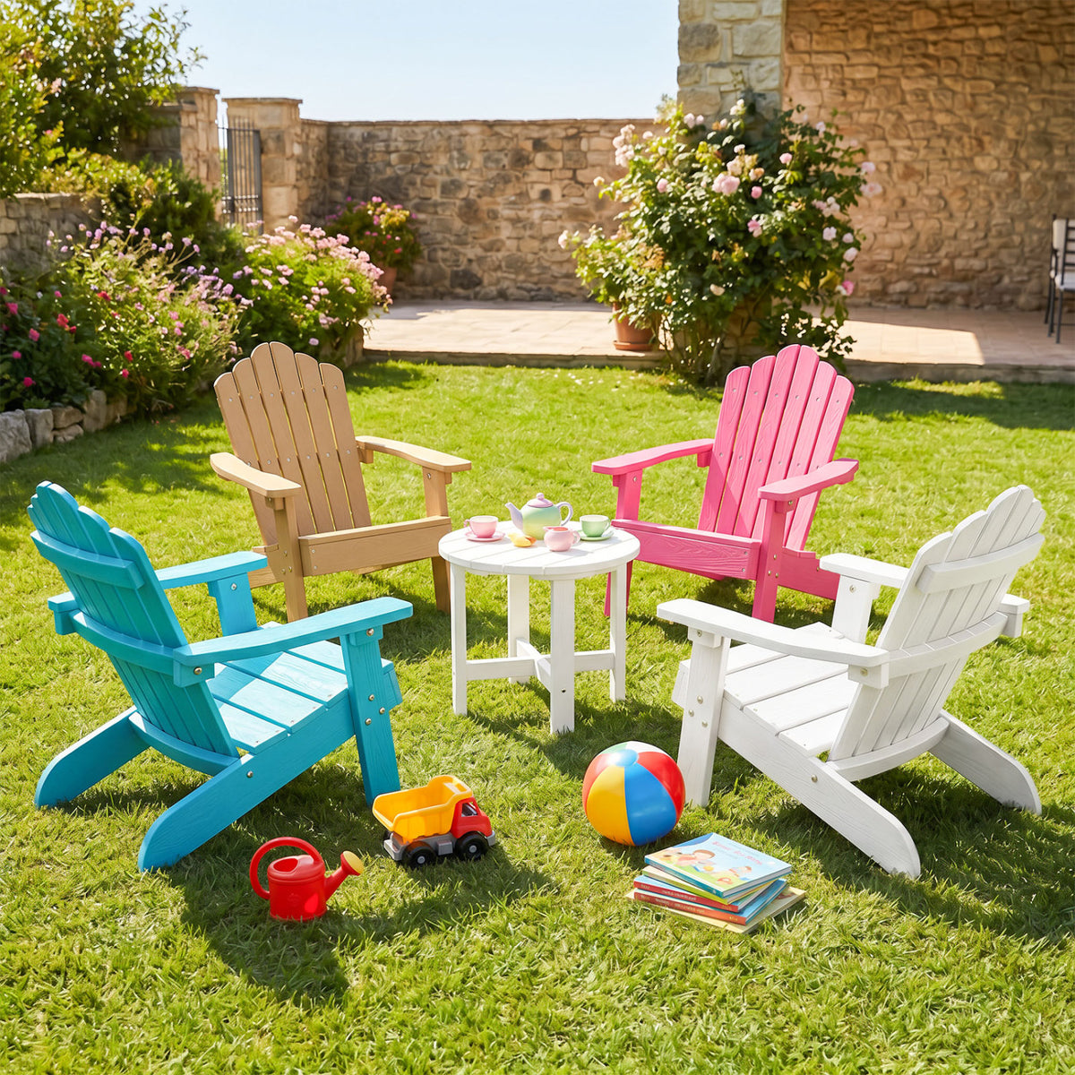 Kids Adirondack Chair All-weather Outdoor Chair for Children with Tilted High Backrest-White