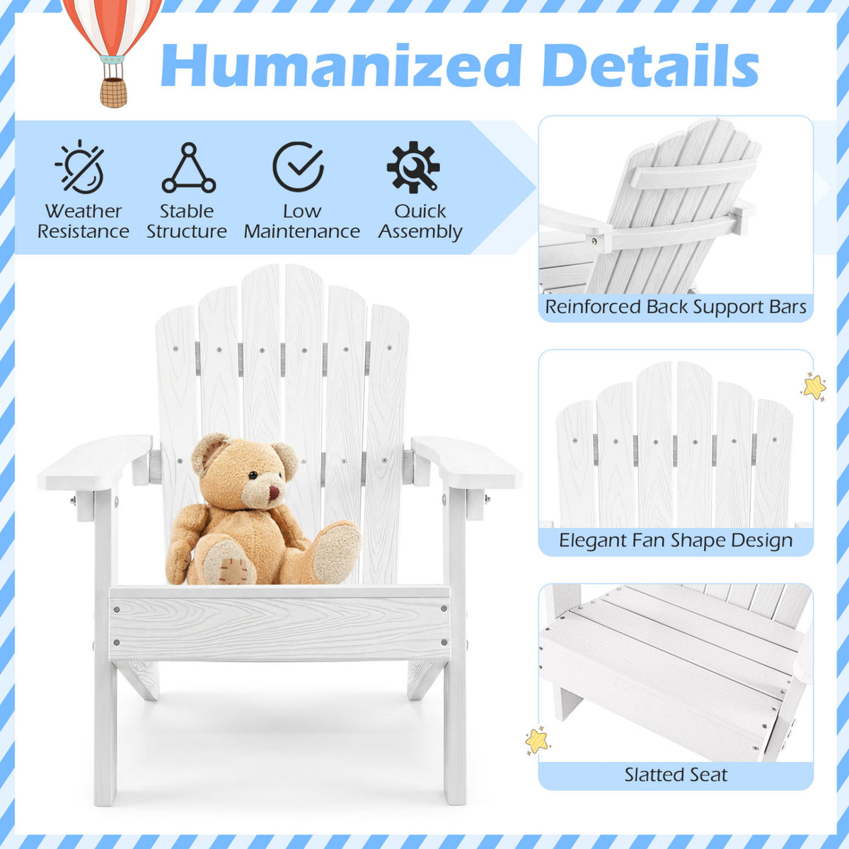 Kids Adirondack Chair All-weather Outdoor Chair for Children with Tilted High Backrest-White