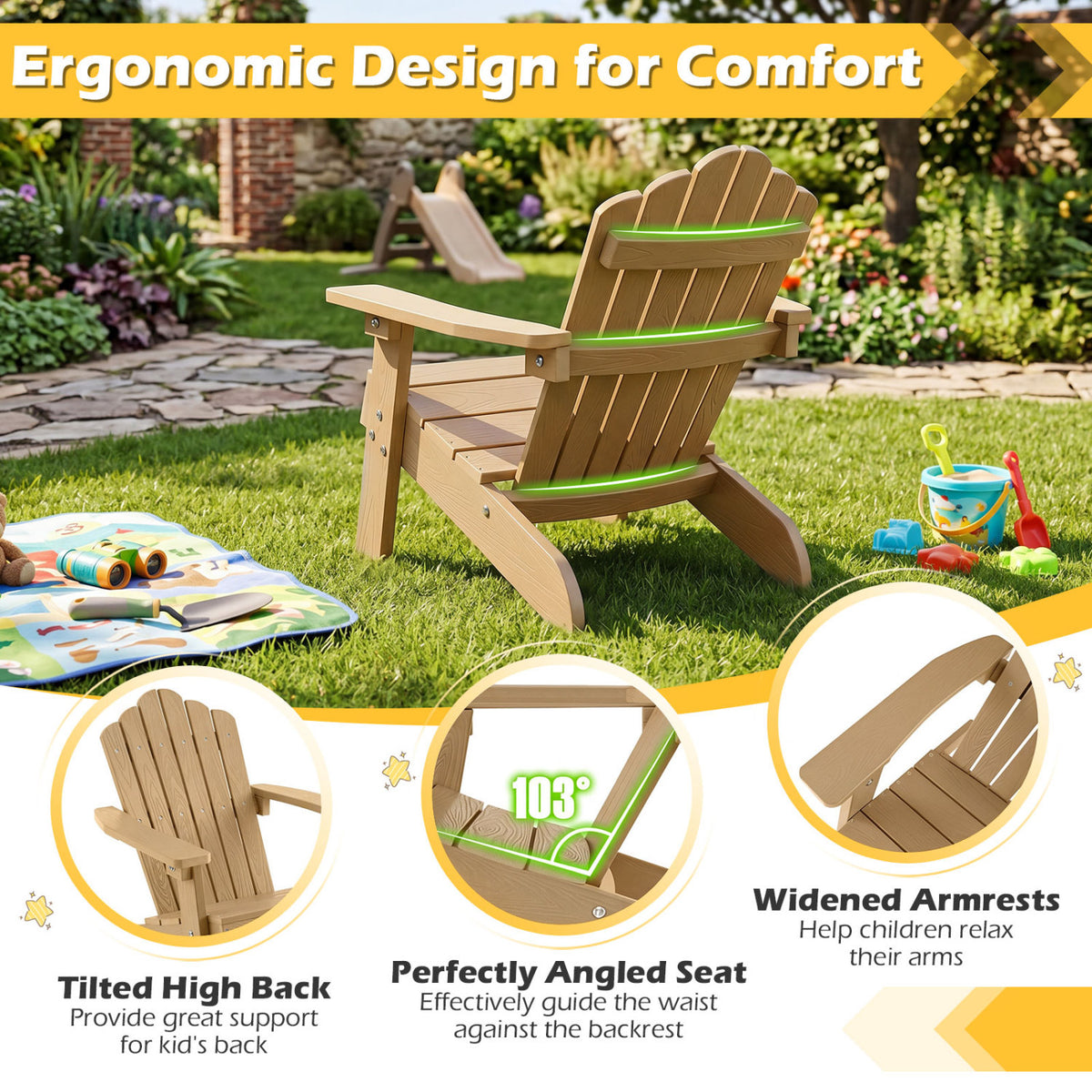 Kids Adirondack Chair All-weather Outdoor Chair for Children with Tilted High Backrest-Brown