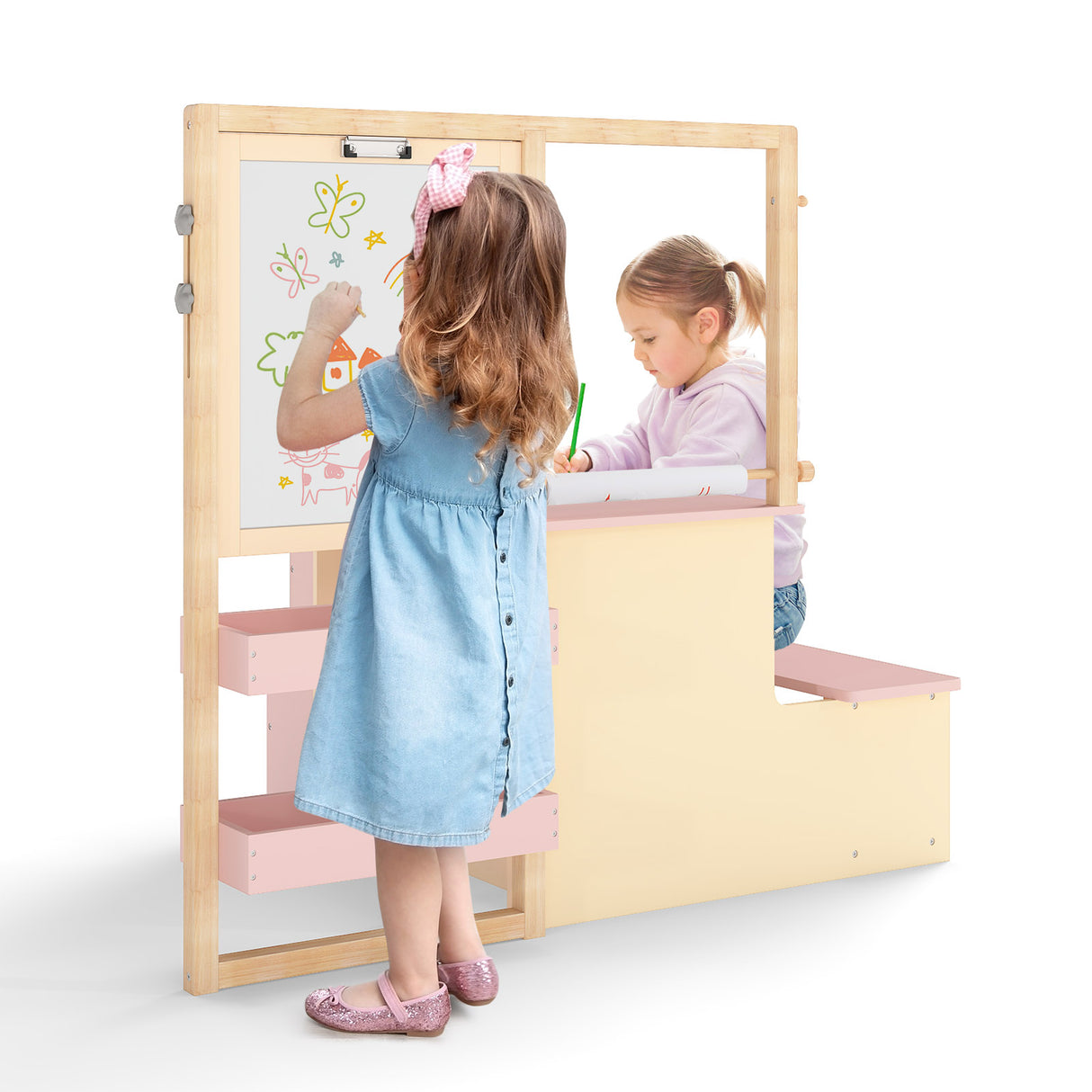 Kids Art Center Wooden Table Bench Set-Pink