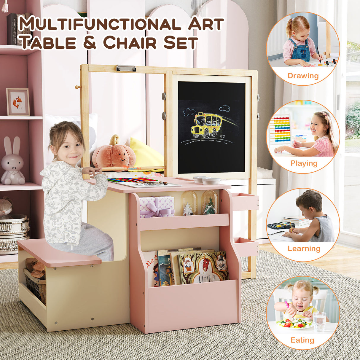 Kids Art Center Wooden Table Bench Set-Pink