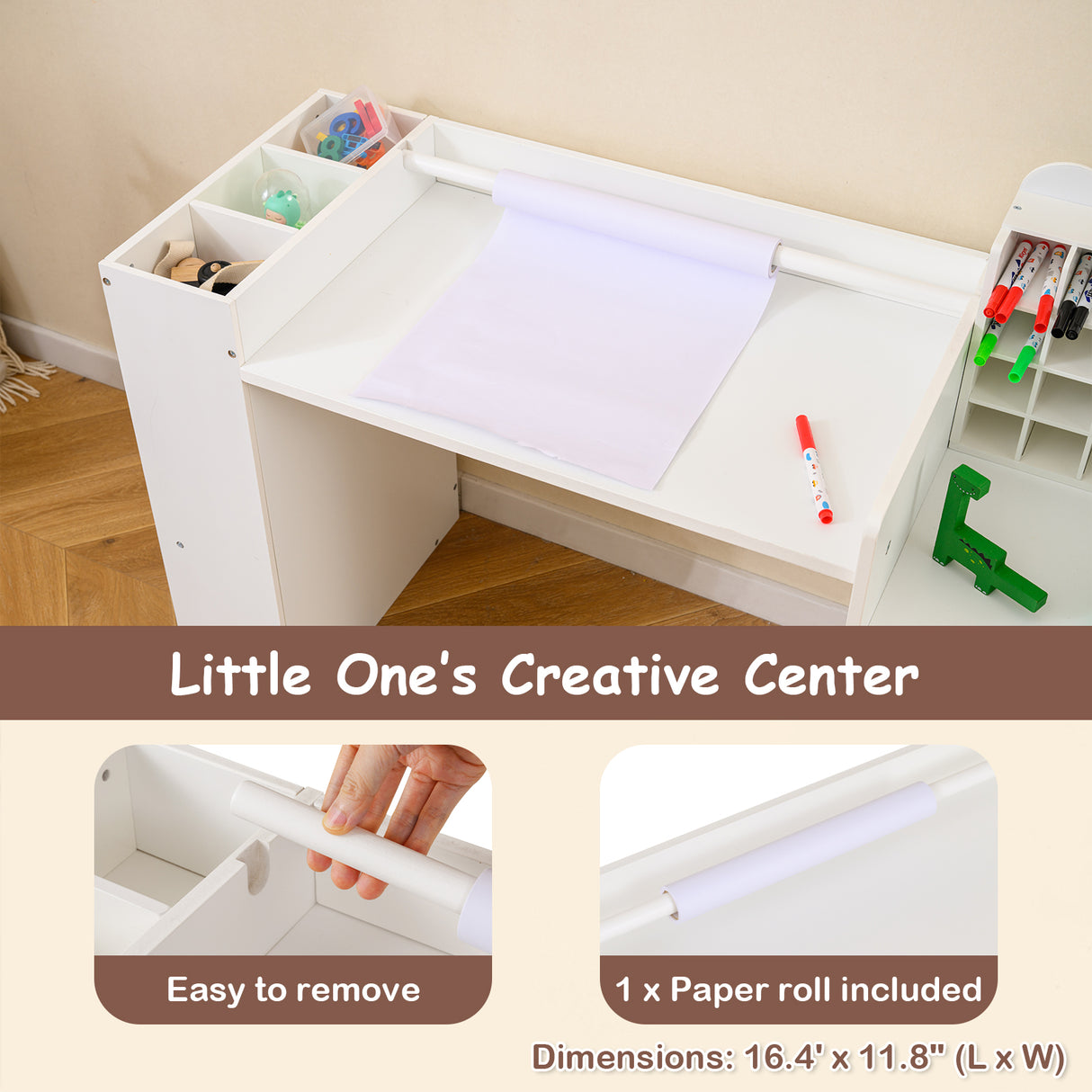 Kids Art Table and Chair Set with Detachable Paper Roll Holder and Cabinet-White