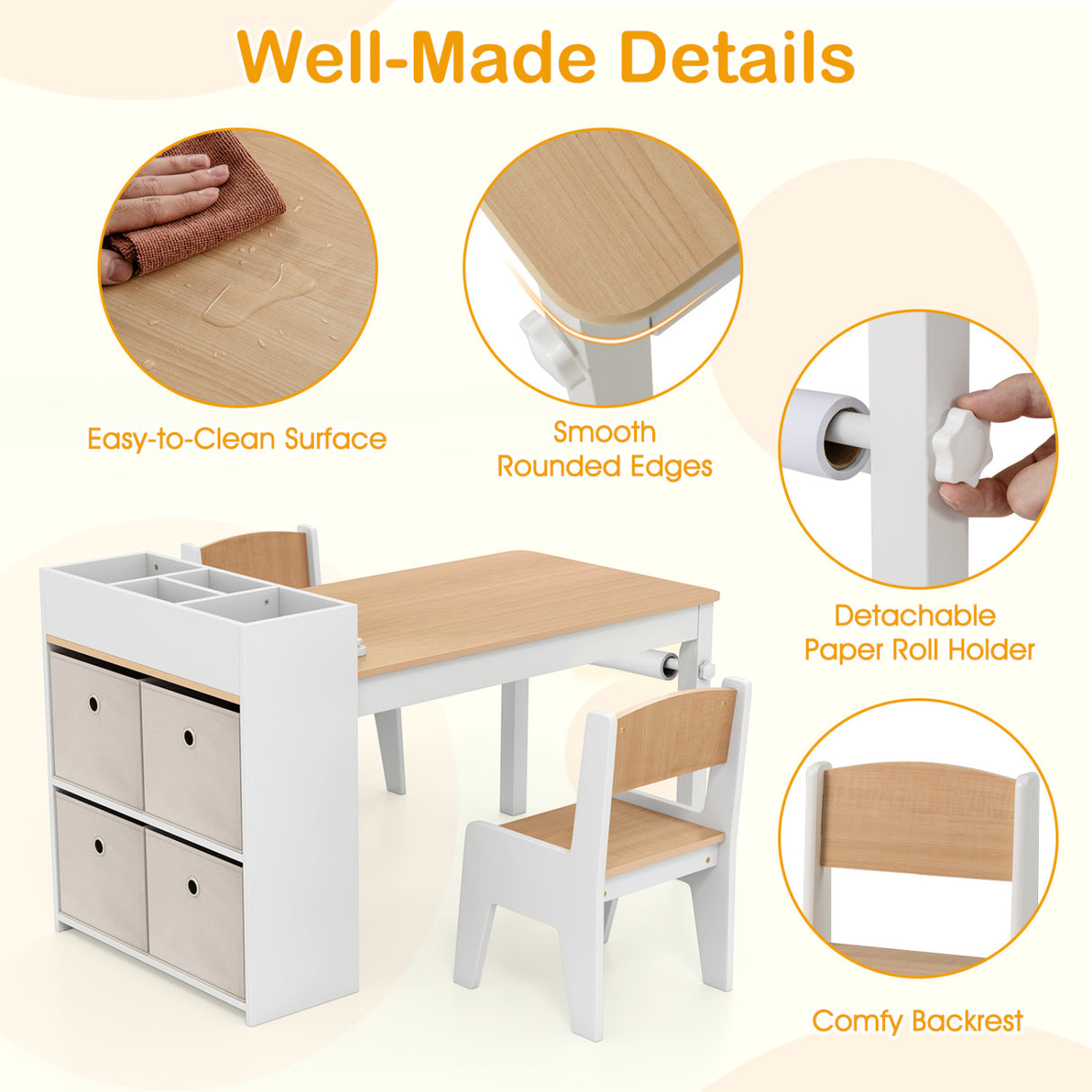 Kids Art Table and Chairs Set with 2 Chairs and Paper Roll-Natural