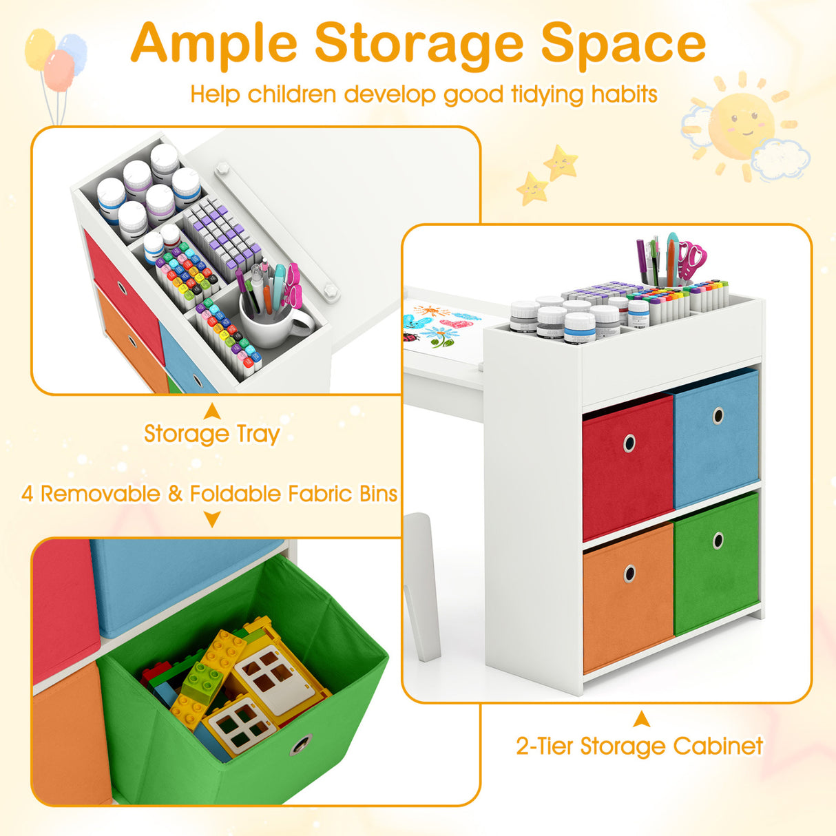Kids Art Table and Chairs Set with 2 Chairs and Paper Roll-White