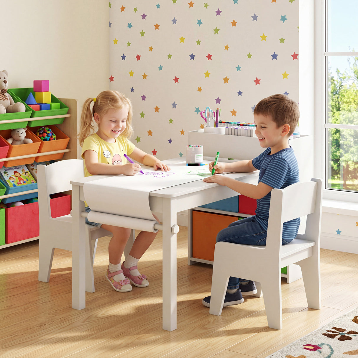 Kids Art Table and Chairs Set with 2 Chairs and Paper Roll-White