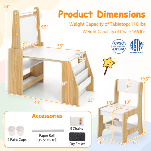 Kids Art Table and Chair Set with Easel and Chair for Drawing Reading-Natural