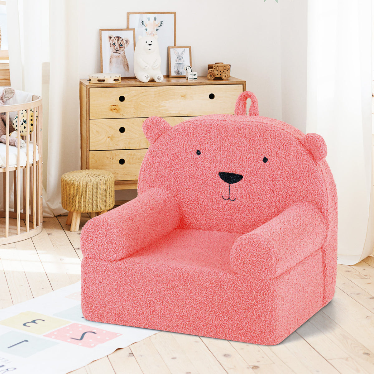 Kids Bear Sofa Toddler Foam Couch with Soft Fleece Fabric Cover-Pink