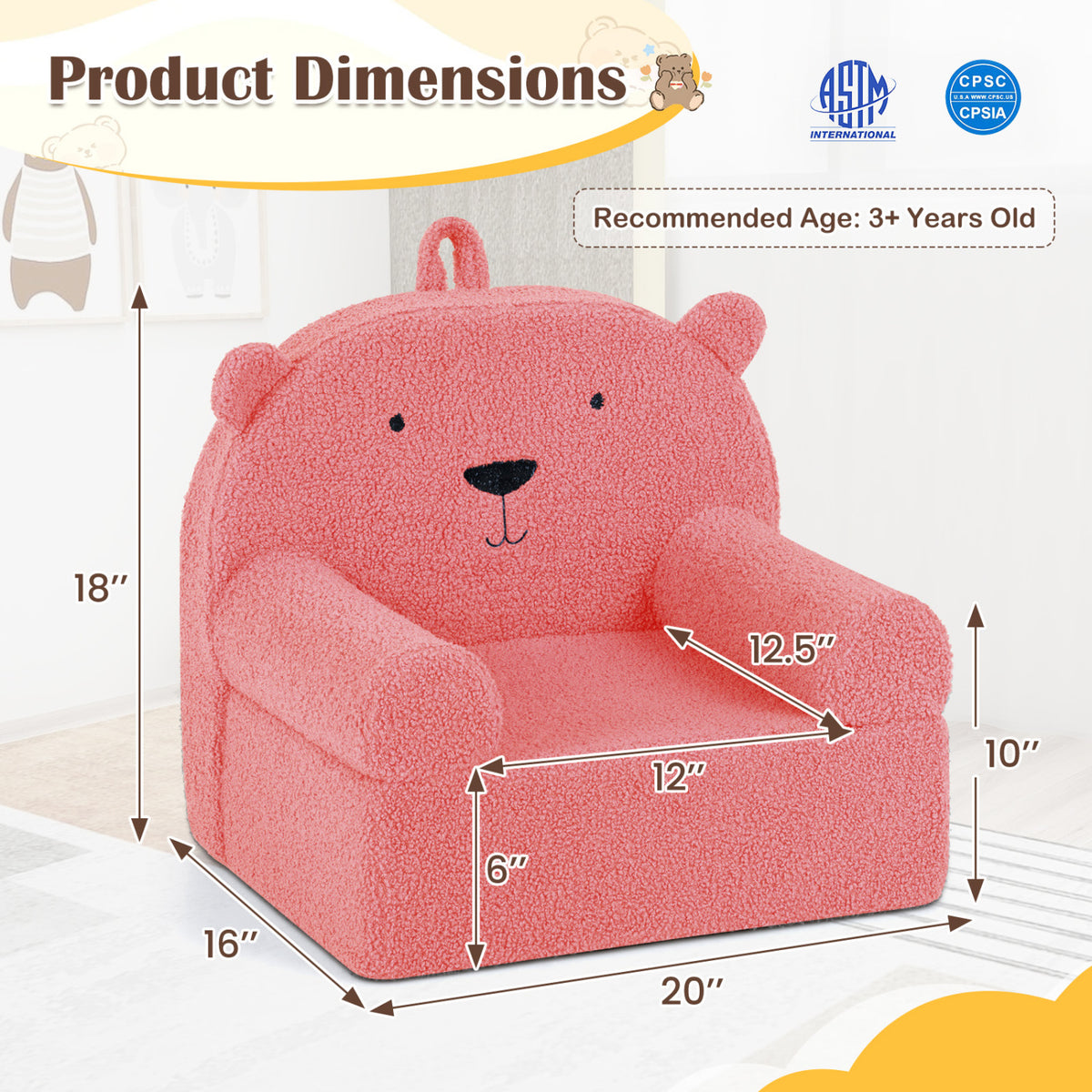 Kids Bear Sofa Toddler Foam Couch with Soft Fleece Fabric Cover-Pink
