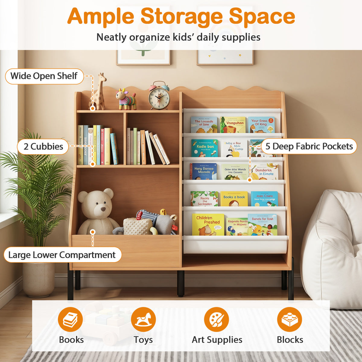 Kids Bookshelf and Toy Storage Organizer Wooden Bookcase with 5 Fabric Pockets-Natural