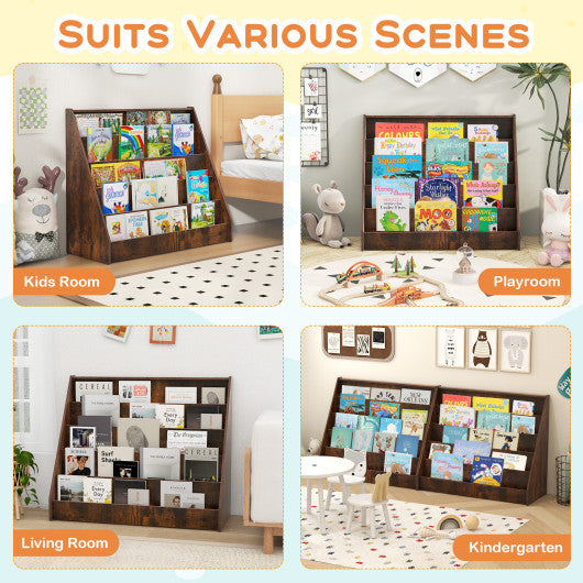 5-Tier Kids Bookshelf with Deep Compartments and Stable Baby Book Case-Rustic Brown