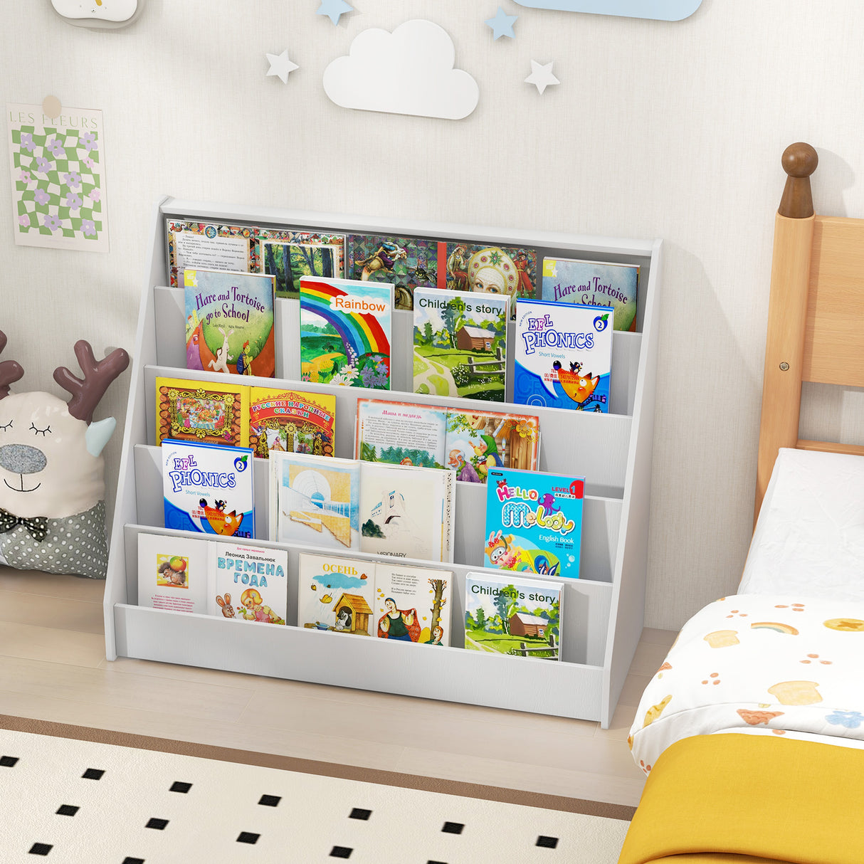 5-Tier Kids Bookshelf with Deep Compartments and Stable Baby Book Case-White