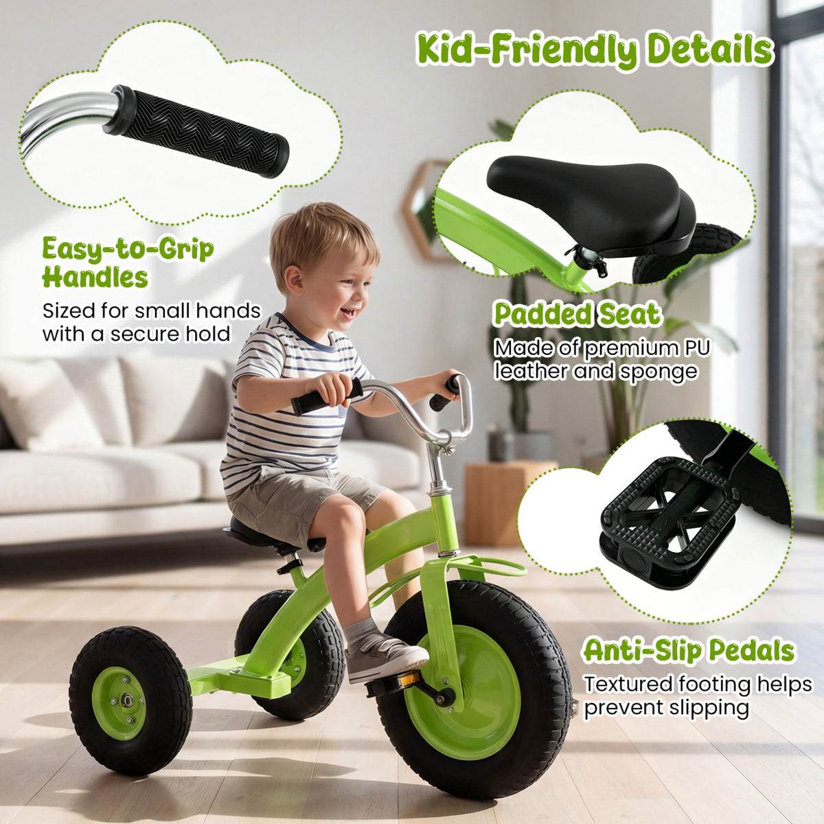Kids Carbon Steel Bike with 15 Inch Inflatable Rubber Tires-Green