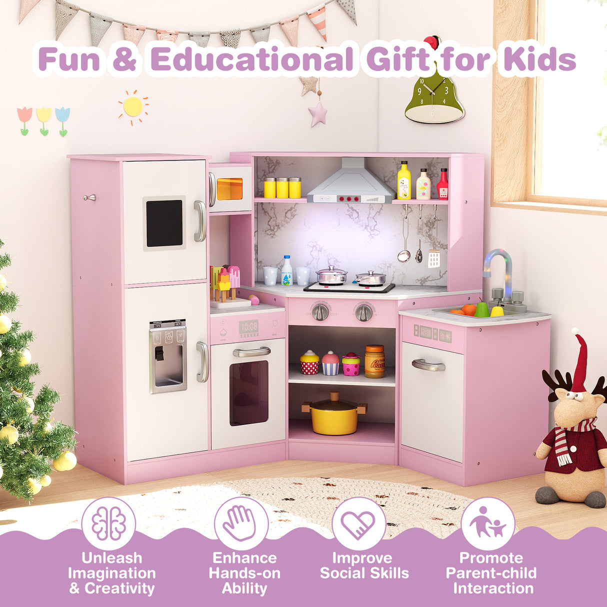 Kids Corner Pretend Kitchen Playset with Separated Washing Basin-Pink