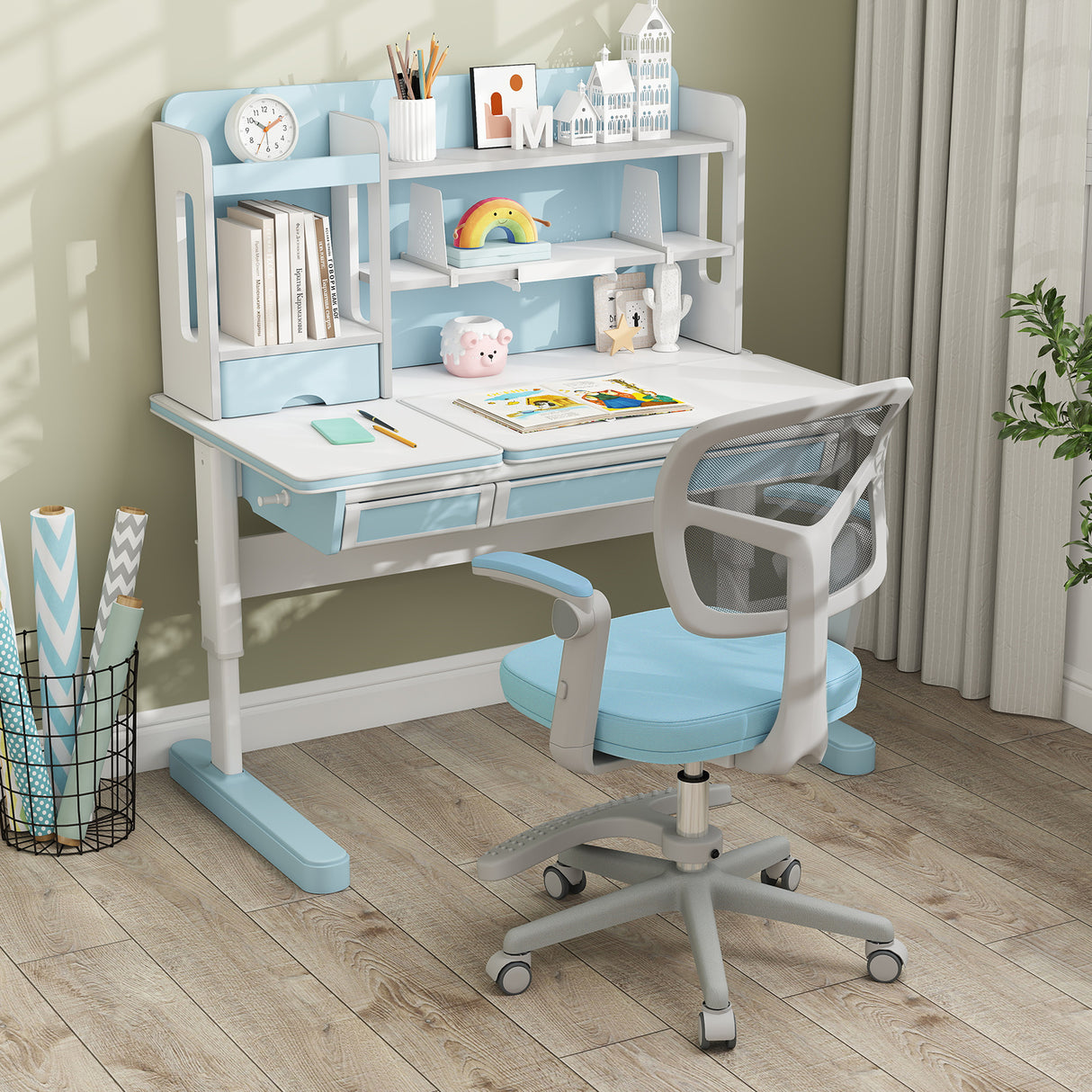 Kids Desk Chair Children Study Chair with Adjustable Height Armrest and Footrest-Blue