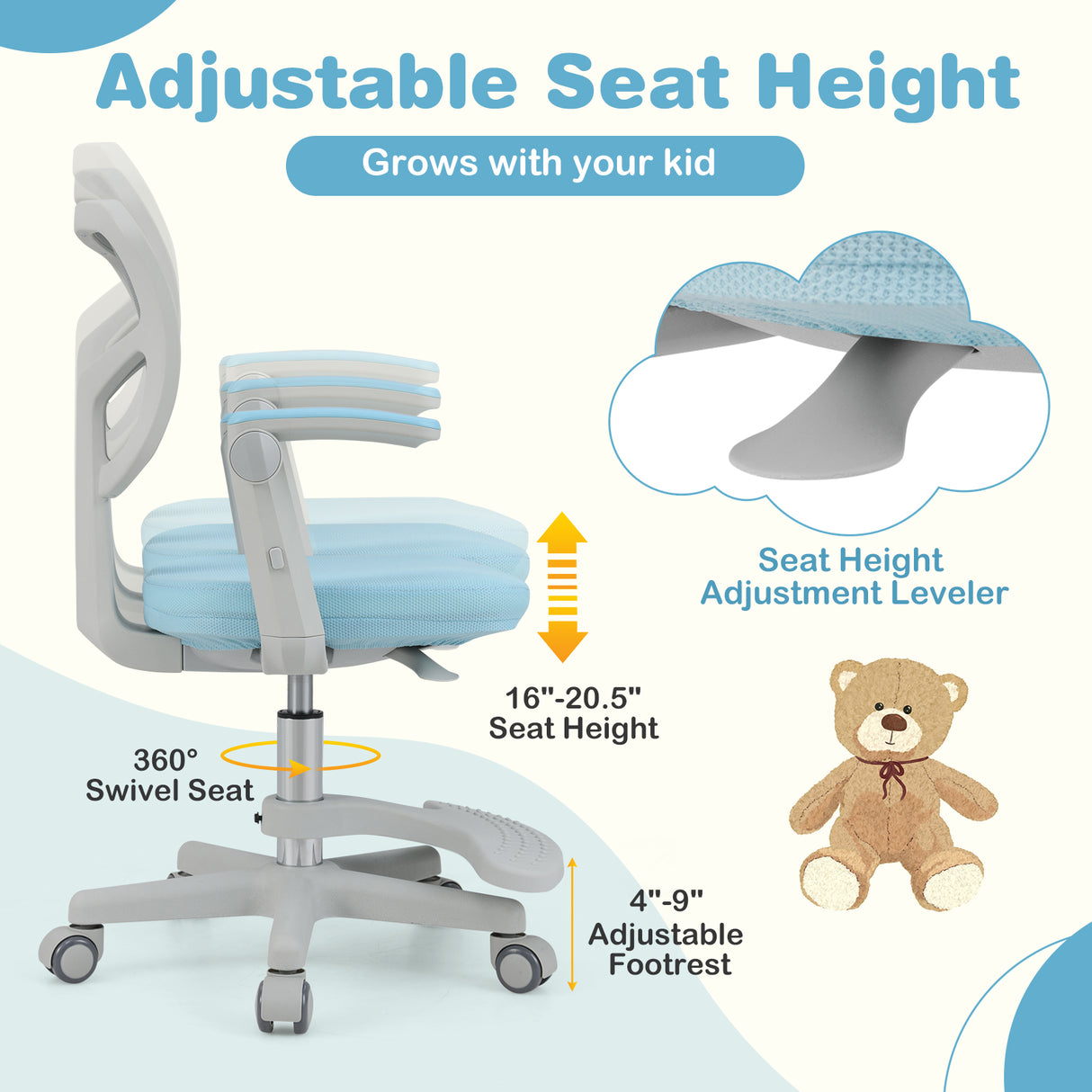Kids Desk Chair Children Study Chair with Adjustable Height Armrest and Footrest-Blue