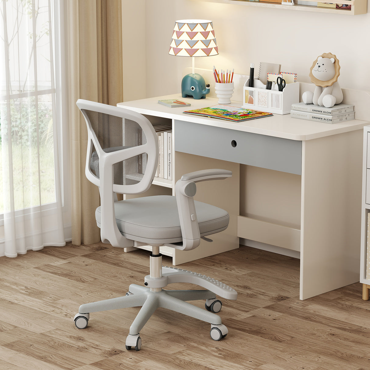 Kids Desk Chair Children Study Chair with Adjustable Height Armrest and Footrest-Grey
