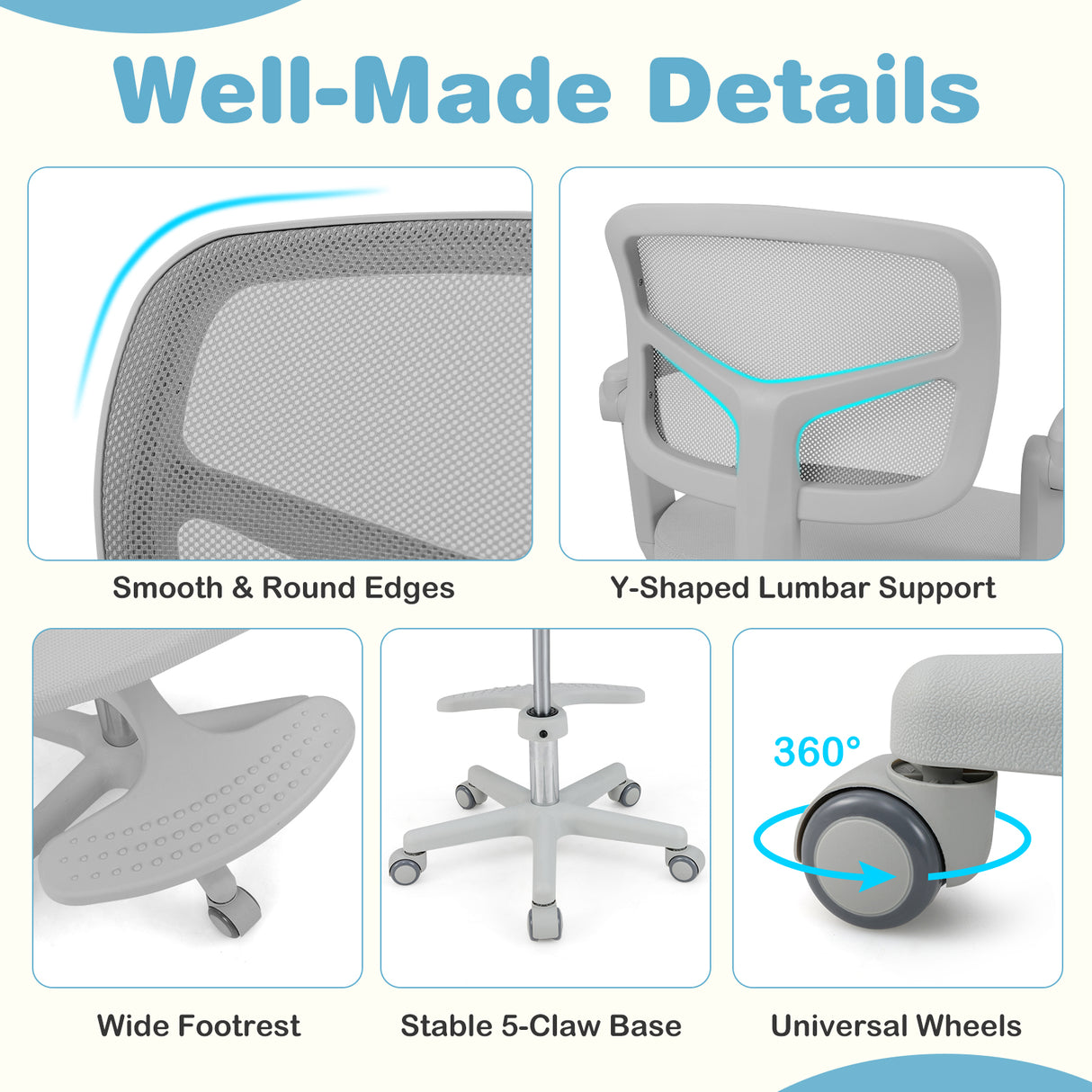 Kids Desk Chair Children Study Chair with Adjustable Height Armrest and Footrest-Grey