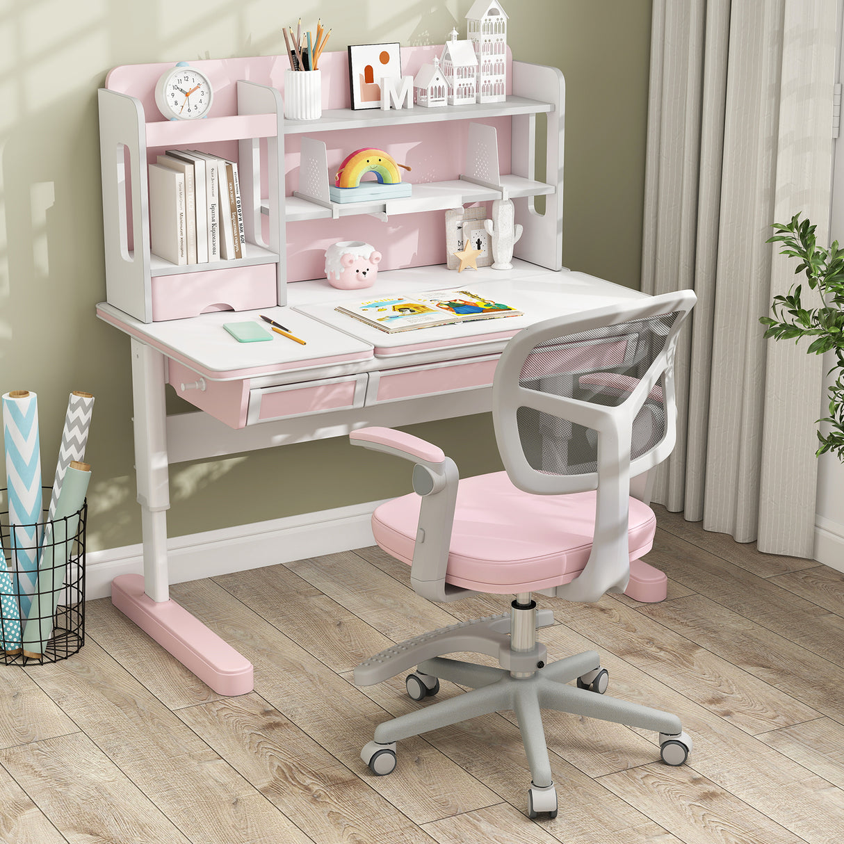 Kids Desk Chair Children Study Chair with Adjustable Height Armrest and Footrest-Pink