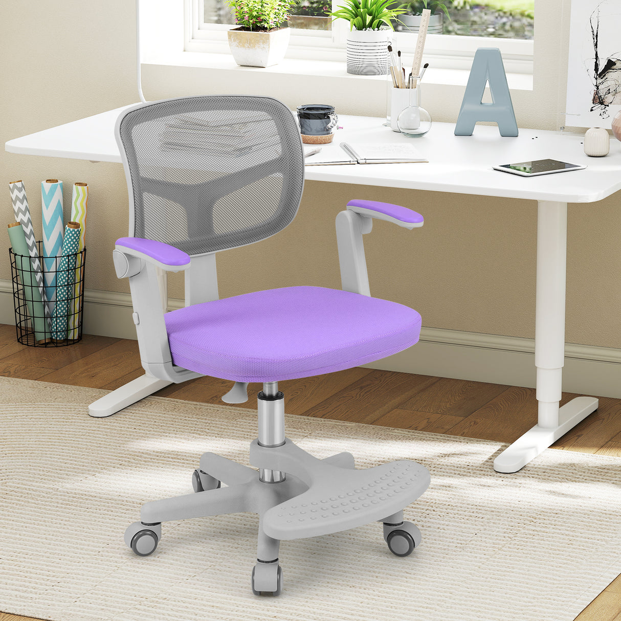 Kids Desk Chair Children Study Chair with Adjustable Height Armrest and Footrest-Purple