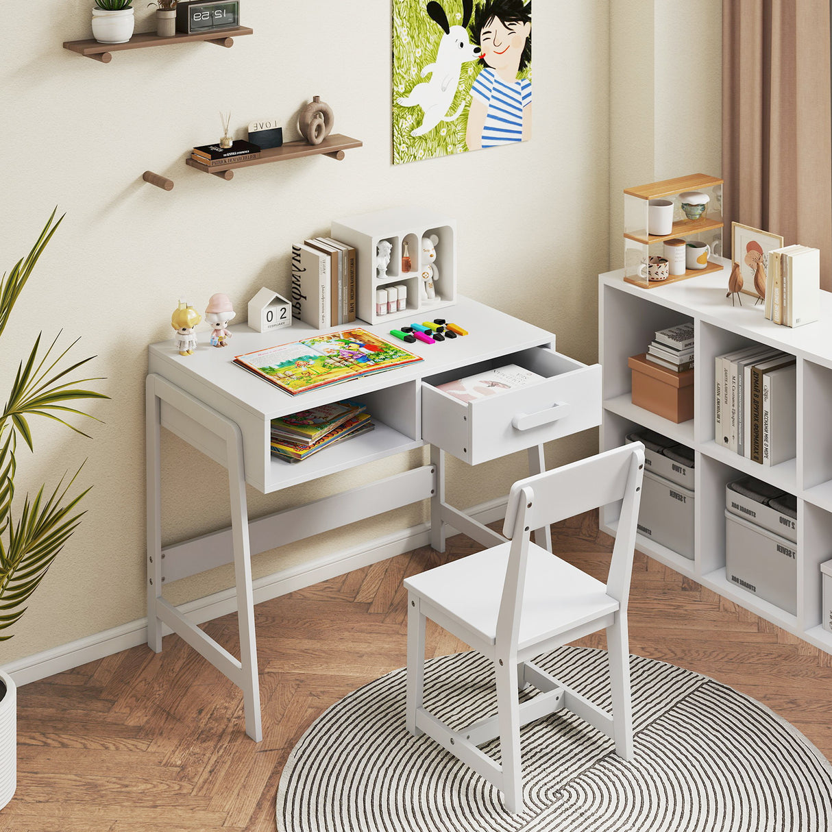 Kids Desk and Chair Set with Storage Drawer and Hutch-White
