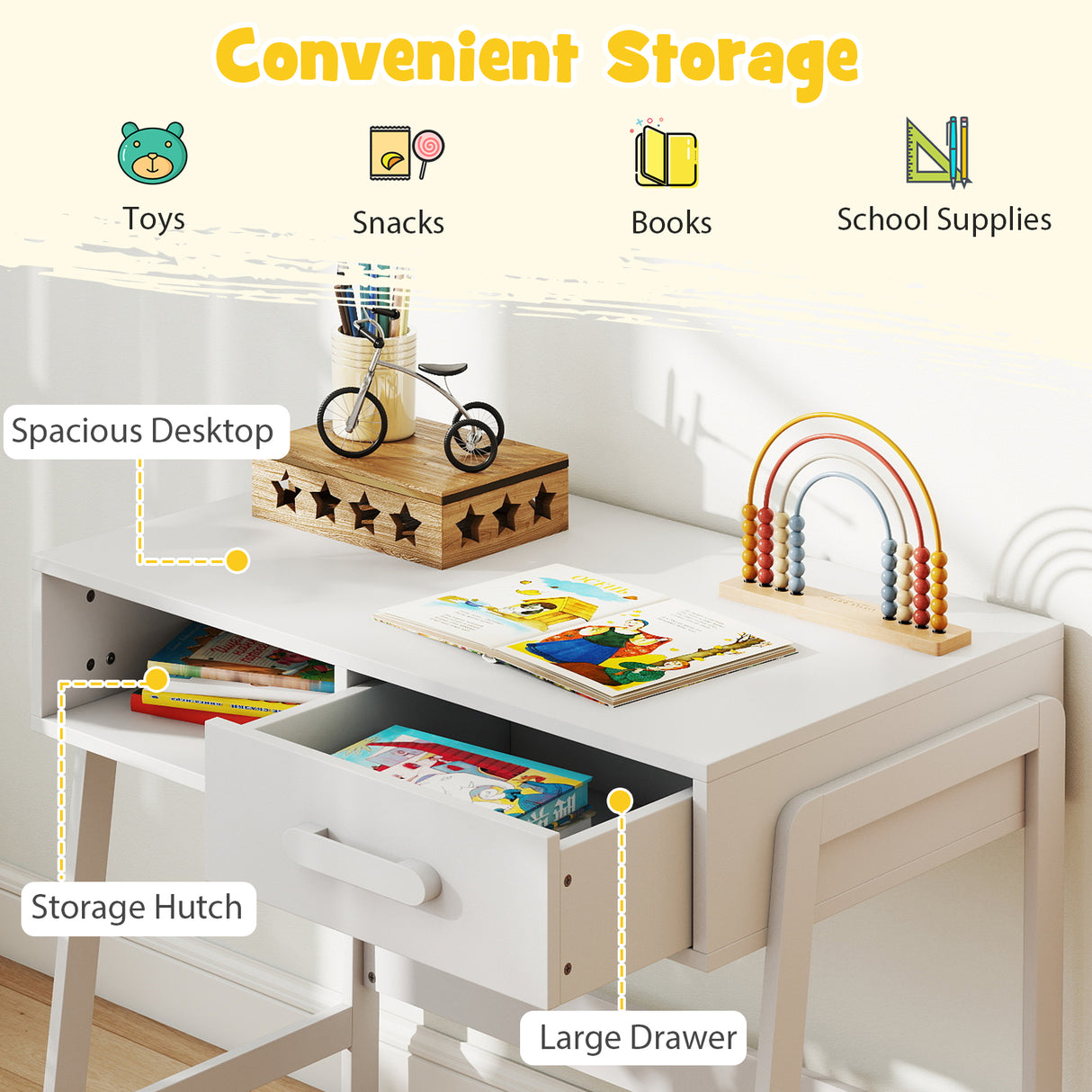 Kids Desk and Chair Set with Storage Drawer and Hutch-White