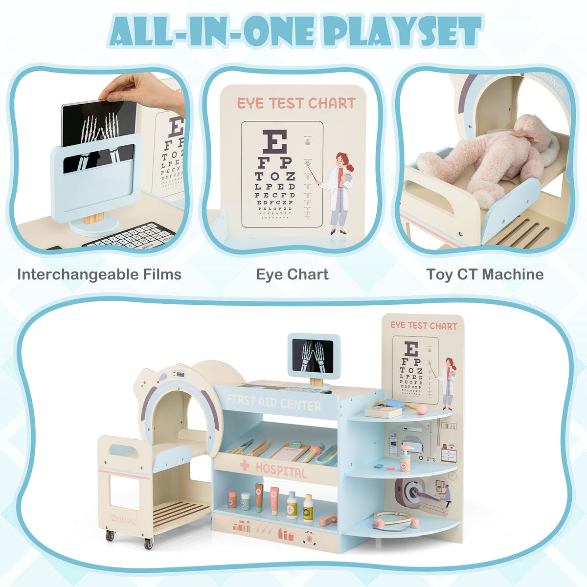 Kids Doctor Play Set Wooden Pretend Hospital Office Kit with Eye Chart Toy CT Machine-Blue