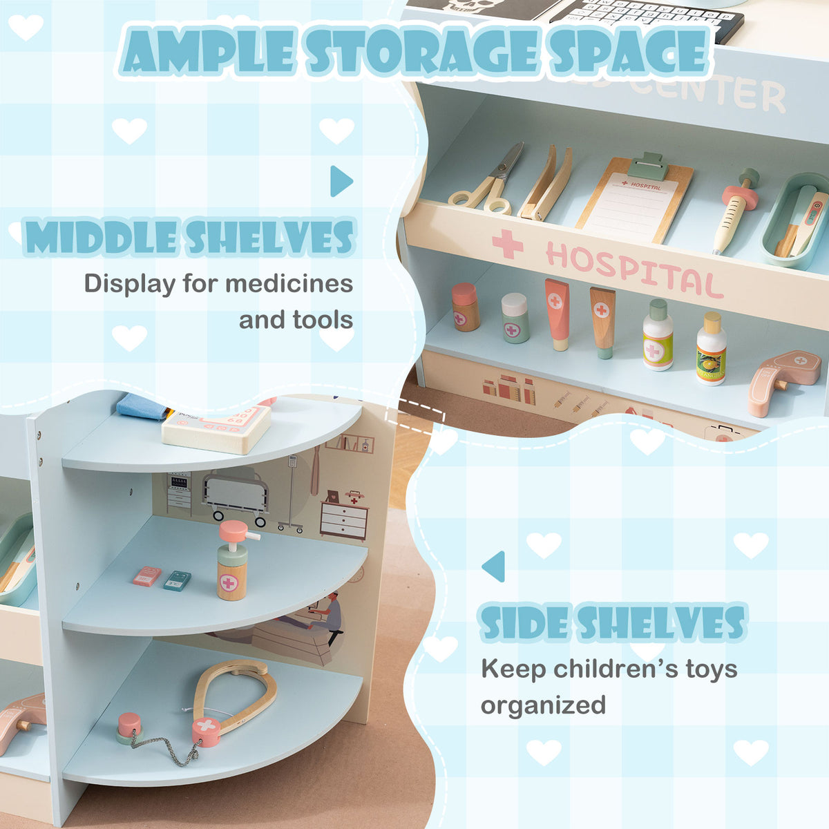 Kids Doctor Play Set Wooden Pretend Hospital Office Kit with Eye Chart Toy CT Machine-Blue