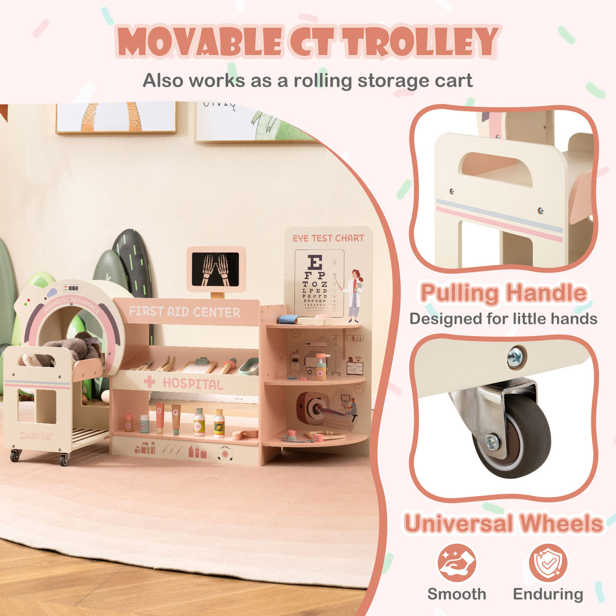 Kids Doctor Play Set Wooden Pretend Hospital Office Kit with Eye Chart Toy CT Machine-Pink