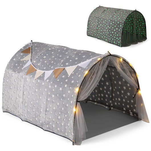 Kids Dream Bed Tent Twin Bunk Bed with Glow in the Dark Stars and Lights-Gray