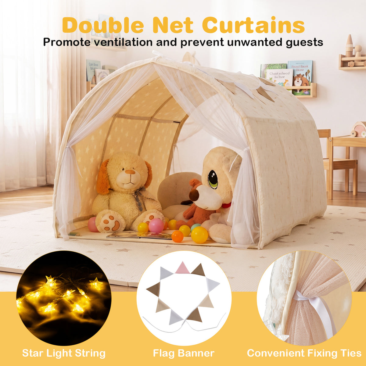 Kids Dream Bed Tent Twin Bunk Bed with Glow in the Dark Stars and Lights-Beige