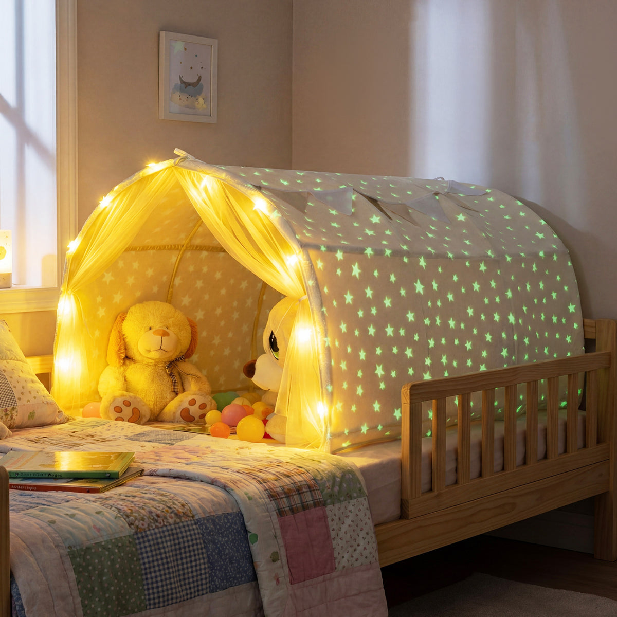 Kids Dream Bed Tent Twin Bunk Bed with Glow in the Dark Stars and Lights-Beige