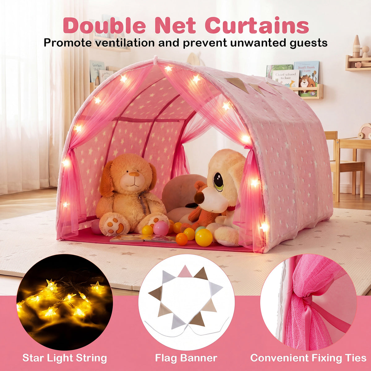 Kids Dream Bed Tent Twin Bunk Bed with Glow in the Dark Stars and Lights-Pink