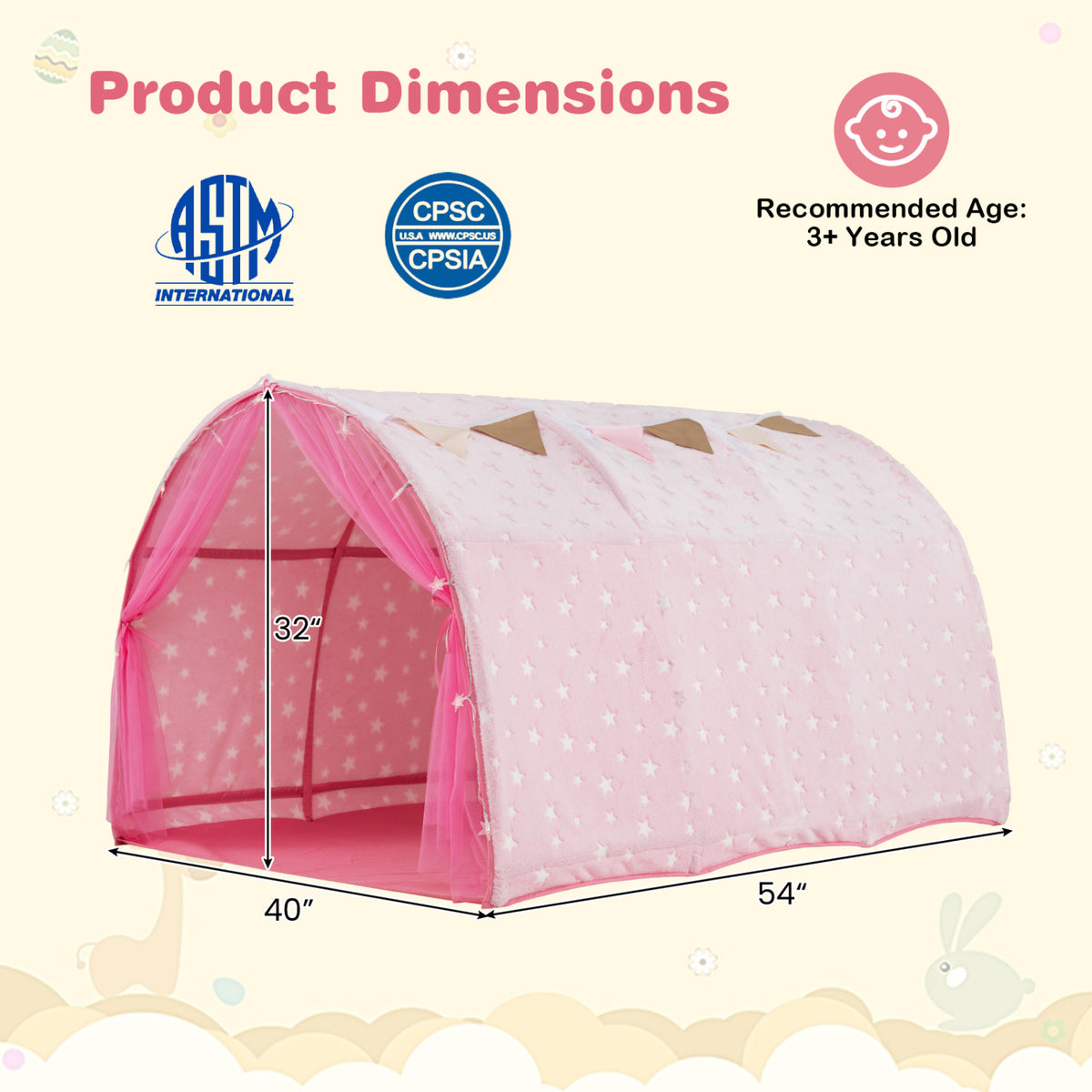 Kids Dream Bed Tent Twin Bunk Bed with Glow in the Dark Stars and Lights-Pink