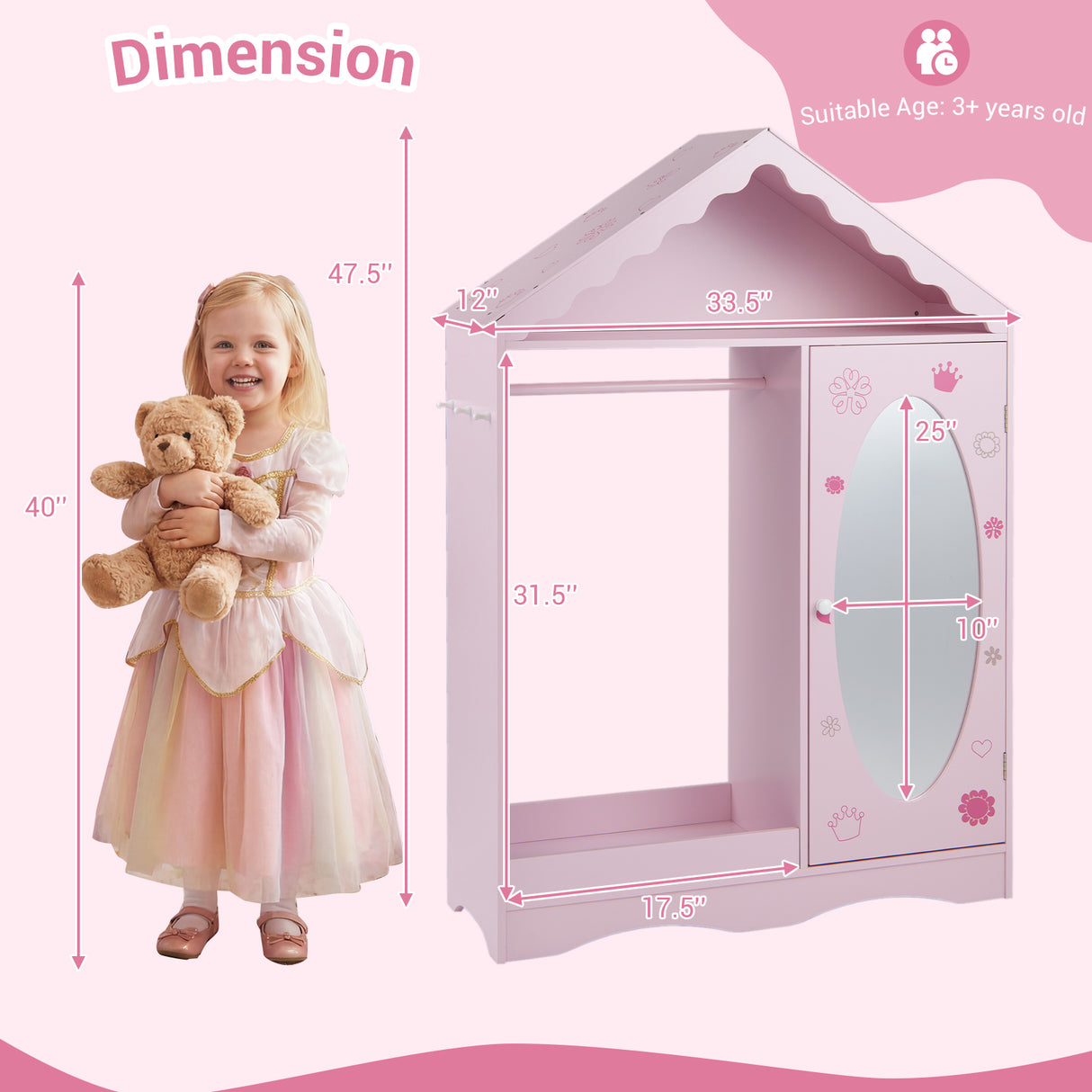 Kids Dress Up Storage with Mirror Roofed Wardrobe Closet with Open Hanging Rack-Pink