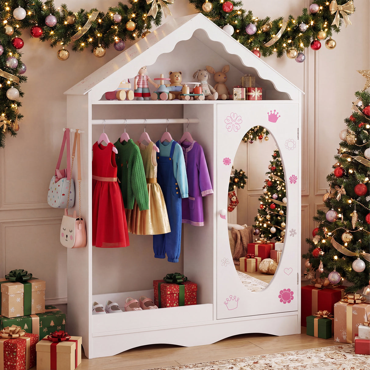 Kids Dress Up Storage with Mirror Roofed Wardrobe Closet with Open Hanging Rack-White
